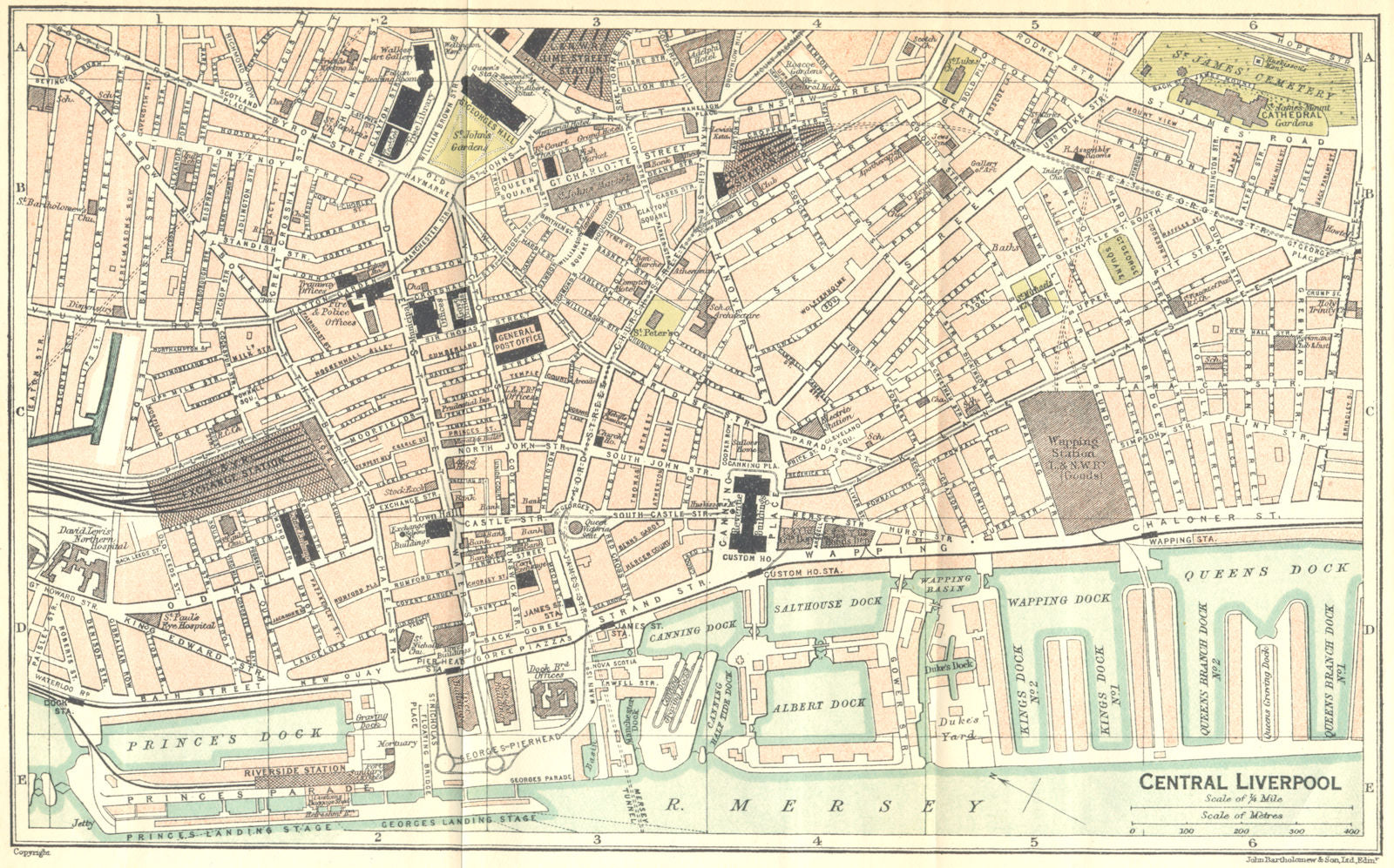 LANCS. Central Liverpool Town Plan 1924 old antique vintage map chart